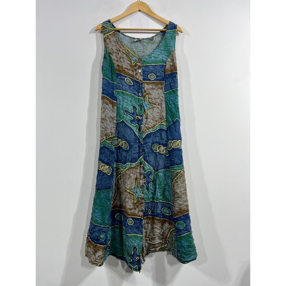 Magic 90s Vintage Resort Boho Abstract Batik Button Front Maxi Dress Women Large